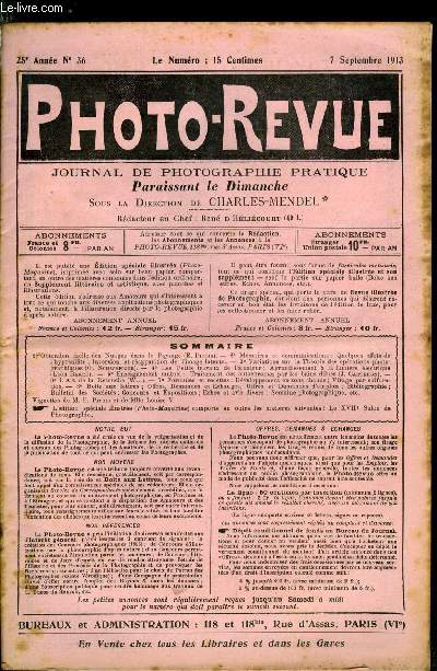 Photo-revue n 36 - Obtention facile des nuages dans le paysage par E. Pitois, Mmoires et communications : quelques effets de l'hyposulfite, inversion et rapparition de l'image latente, Variations sur la thorie des oprations photographiques par G.