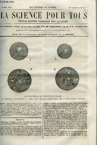 La science pour tous n 27 - Le moteur a gaz de M. Hugon, Action des montagnes sur le fil a plomb, Les appareils d'investigation de l'oeil, Images de la rtine et des vaisseaux qui s'y rendent, Le vent et le baromtre, L'architecture orientale