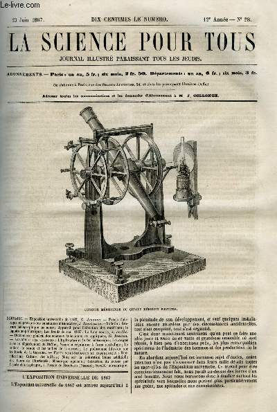 La science pour tous n 28 - L'exposition universelle de 1867, Prcis thorique et pratique des substances alimentaires par J. Rambosson, Gravures hliographique sur acier, Appareil pour l'lvation des matriaux, le liquide ampliatrique, Les froids