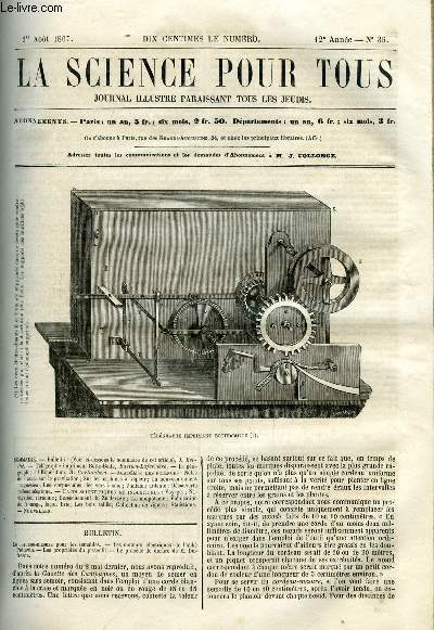 La science pour tous n 35 - Le cordeau-mesure pour les semailles, Les moteurs lectriques de l'abb Poitevin, Les proprits du pissenlit, Le procd de dorure de M. Dufresne, Tlgraphie imprimant Botte-Botte par Bastien-Laferrire, La gographie