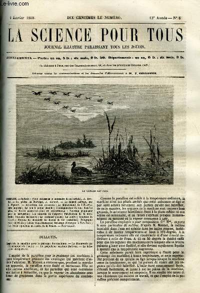 La science pour tous n 6 - Emploi de la paraffine pour le graissage des machines, La dcouverte palontologique de Chagny, Le propulseur maritime Ruthven, Le baromtre enregistreur, La pche en Norvge par J. Girard, Le canard sauvage par L. Figuier