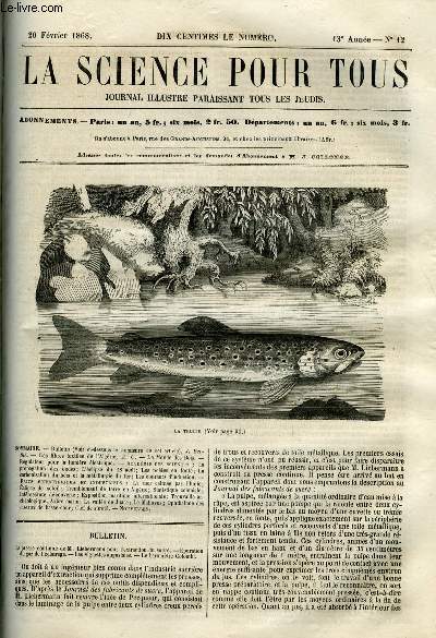 La science pour tous n 12 - La presse continue de M. Liebermann pour l'extraction du sucre, Epuration du gaz de l'clairage, Les vignettes augustales, Le baromtre Colombi, Les fibres textiles de l'Algrie par A.C., Le monde des bois, Rgulateur