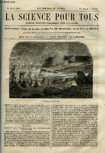 La science pour tous n 22 - La surface de la lune, Les plantes en mai 1868, La fluidit centrale du globe terrestre, Les anglais en Abyssinie par J. Girard, Le docteur Livingstone, Les volcans de l'ile Hawai, Maladie des vers a soie, Epuration