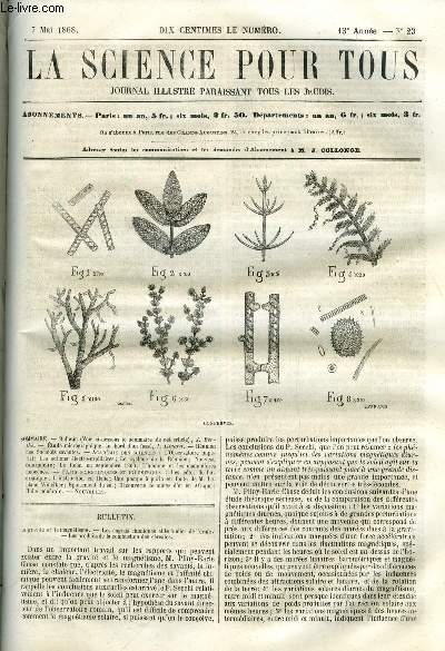 La science pour tous n 23 - La gravit et le magntisme, Les engrais chimiques et le fumier de ferme, Les produits de la combustion des crales, Etude micrographique au bord d'un foss par J. Girard, Runion des socits savantes, L'observatoire