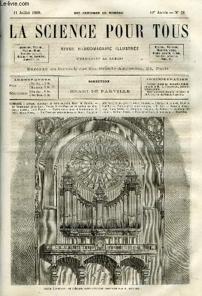 La science pour tous n 32 - L'orgne lectrique de Saint Augustin par Henri de Parville, Encore le chauffage par le ptrole des chaudires marines par Louis Figuier, Mares souterraines et tremblements de terre par Alexis Perrey, Les exercices