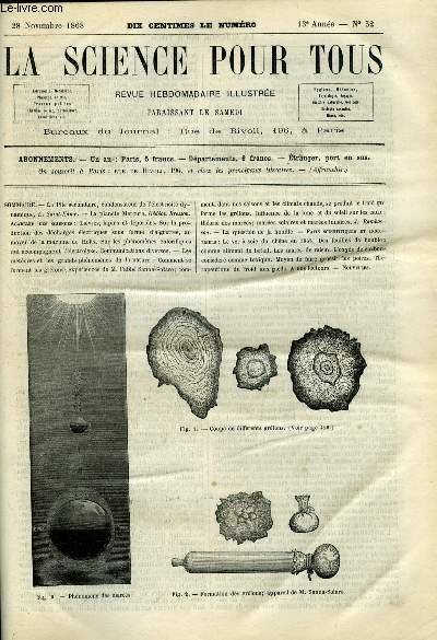 La science pour tous n 52 - La pile secondaire, condensateur de l'lectricit dynamique par E. Saint Edme, La plante Mercure par Gdon Bresson, Livres, lapins et lporides, Sur la production des dcharges lectriques sous formes d'aigrettes, au moyen