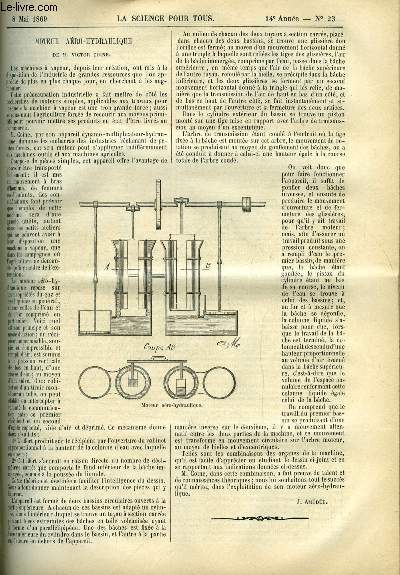 La science pour tous n 23 - Moteur aro-hydraulique de M. Victor Coine par J. Amde, Les petites plantes par Gdon Bresson, Le mirage a la bourse par Henri Villain, Les couleurs chez les anciens par Eug. Perrot, Coup d'oeil gnral sur la ventilation