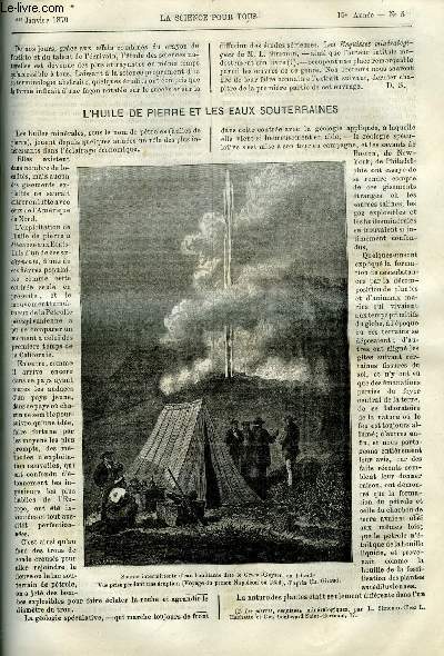 La science pour tous n 5 - L'huile de pierre et les eaux souterraines par L. Simonin, Agriculture, de l'eau de pluie et de l'eau provenant du drainage des terres par Henri Villain, Hygine hippique, le tondage par A. Landrin, Gologie, neptunisme