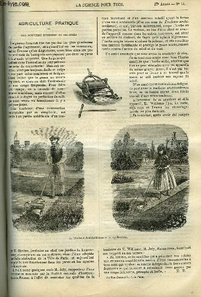 La science pour tous n 14 - Agriculture pratique, une nouvelle tondeuse de pelouses, L'quinoxe du printemps et ses consquences mtorologiques par Gdon Bresson, De l'influence exerce par les phases de la lune sur la coloration rouge du ciel