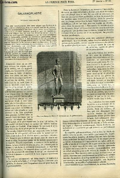 La science pour tous n 23 - Galvanoplastie, cuivrage galvanique par J. Baille, Sur la culture de la vigne dans les terrains argileux par M. Becquerel, Du fer contenu dans le sang et dans les aliments par M. Boussingault, Sur l'apparition spontane