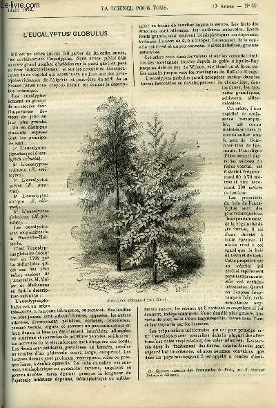 La science pour tous n 31 - L'eucalyptus globulus, Expriences d'acoustique faites sur la seine pendant le blocus de Paris par F. Lucas, La faim et le soif (suite et fin) par Dr Gustave Le Bon, Faut-il tirer le canon pour avoir de la pluie ? par P. Guyot