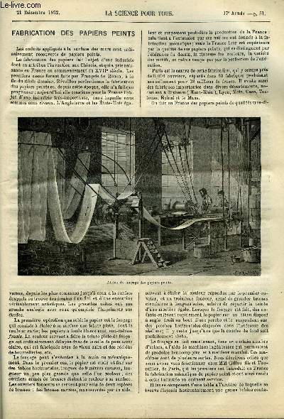 La science pour tous n 51 - Fabrication des papiers peints par Paul Poir, Horticulture, des abris pour la conservation des plantes par A. Dupuis, Coup d'oeil sur l'immense role jou par l'ther dans la nature par M. Burdin, Note sur les crues