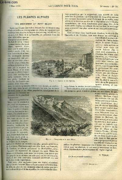 La science pour tous n 10 - Les plantes alpines, une excursion au mont blanc par B. Verlot, Sur la prsence d'une proportion considrable de nitre dans l'amarantus blitum, Note relative a un rapport de M. Cornalia sur les ducations de vers a soie