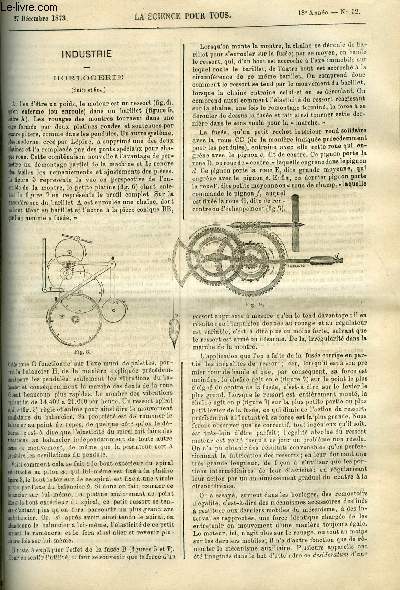 La science pour tous n 52 - Horlogerie (suite et fin), Le tremblement de terre du 26 novembre 1873 dans les Pyrnes par A. Piche, Rponse a la note lue par M. Trcul dans la sance du 8 novembre par M. Pasteur, Le commerce des esclaves dans l'Afrique