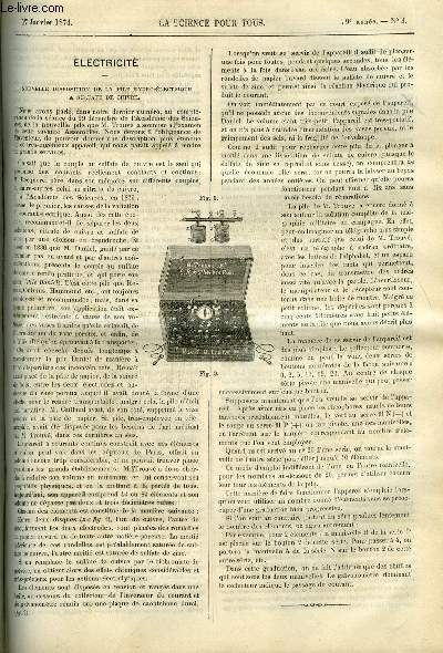 La science pour tous n 3 - Nouvelle disposition de la pile hydro-lectrique a sulfate de cuivre, Opinions astronomiques des anciens, Rapports entre les taches solaires, les tremblements de terre aux Antilles et aux Mexique et les ruptions volcaniques