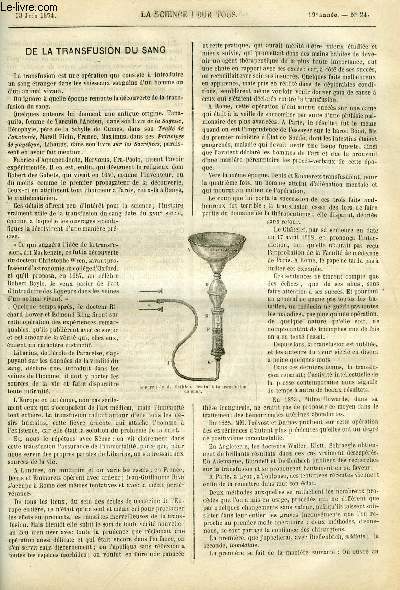 La science pour tous n 24 - De la transfusion du sang, Observations sur les races naines africaines, a propos des photographies d'Akkas, envoyes par M. le professeur Panceri, Les melipones par Raveret-Wattel, Recherches sur le tabac - la dialyse