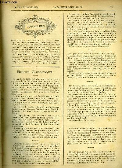 La science pour tous n 15 - Les champignons, Les oiseaux chanteurs et parleurs, Le platre, sa fabrication et ses usages (fin), Chevreul, ses travaux, Le cerveau des poissons, La population agricole de Provence, Le ttanos, Une nouvelle vigne, le cissus