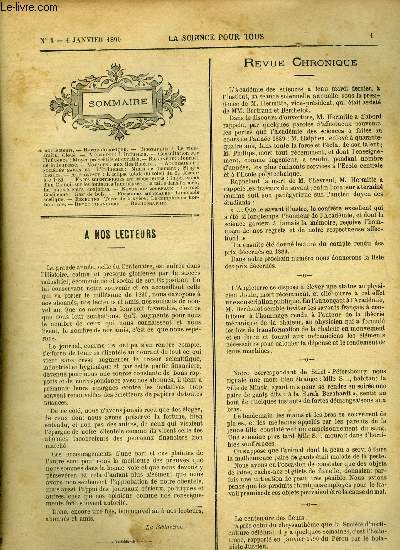 La science pour tous n 1 - Le vice amiral Clou, L'influenza, Consultation sur l'influenza : moyen prventifs et curatifs, Journal de la jeunesse, Aux iles Balares, Mines de diamant, Singes fossiles, L'clipse totale du soleil du 22 dcembre 1889