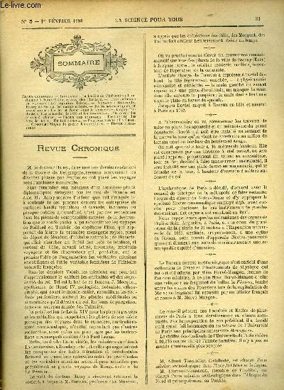 La science pour tous n 5 - Le bacille de l'influenza, L'influenza a Saint Kilda et aux iles Chatham, Le capitaine Trivier, Gurande, Bourg de Batz et les marais salants, Le fer et l'acier dans le commerce et dans l'industrie, Les mdecins de 1885