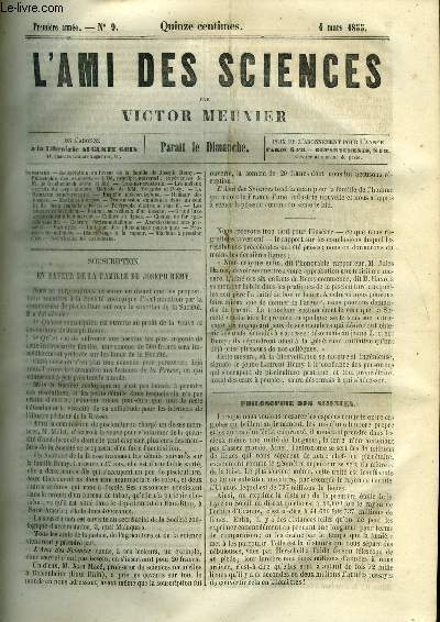 L'ami des sciences n 9 - Souscription en faveur de la famille de Joseph Remy, Les mtaux extraits du corps humain, mthode MM. Vergnis et Poey, Enqute mtorologique, Hauteur des nuages, Machines a forcer, Transmission simultane dans un seul fil