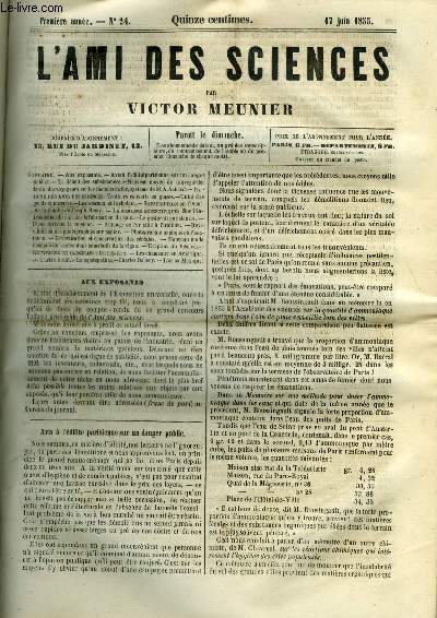 L'ami des sciences n 24 - Aux exposants, Avis a l'dilit parisienne sur un danger public, Le dficit des subsistances, Nouveau moyen de sauvegarder la vie des voyageurs sur les chemins de fer, systme de A. Achard, Trottoirs couverts en glaces, Unit