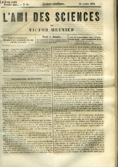 L'ami des sciences n 42 - Exploration sous marine, Encouragement offert aux inventeurs, Instruction de l'enfance, Nouveau mode de transport par eau, cluse a feu, Les animalcules de l'atmosphre, Surdit gurie par l'lectrisation localise, Le mirage