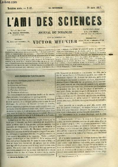 L'ami des sciences n 13 - Les poissons lectriques, Dissolution de l'expdition a la recherches des sources du Nil, Exploitation des mines, Carbonisation des houilles, Percement de l'isthme de Suez, Amlioration des races de vers a soie, Exprience