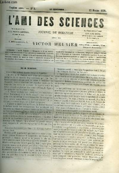 L'ami des sciences n 7 - De M. Babinet, Si le mouvement vitae est continu, Les savants contemporains, Eclipse totale du 7 septembre 1858, Terrains du bassin de Paris, L'os intermaxiliaire chez l'homme, Recherches sur la gnration des infusoires, Origine
