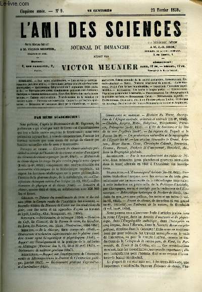 L'ami des sciences n 9 - Pas mme acadmicien, Les savants contemporains, Deuxime lettre sur les gnrations spontanes, Elipse total du 7 septembre 1858, Combinaisons gazeuses sous l'influence lectrique, Nouvelles observations sur la levure lactique