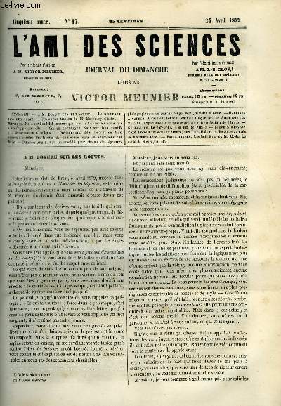 L'ami des sciences n 17 - A M. Doyre sur les routes, La rsurrection des morts, Turbines : travaux de M. Mannoury d'Estot, Note sur l'activit communique par la lumire au cors qui a t frapp par elle, Nouveaux faits relatifs a la fermentation