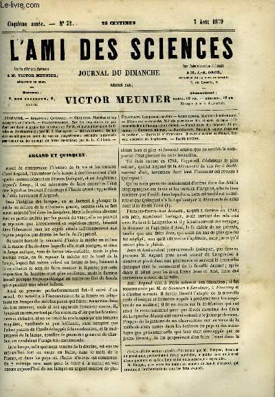 L'ami des sciences n 32 - Argand et quinquet, Mourze et ses colonnades de rochers, Sur les empreintes de pas d'animaux dans le gypse des environs de Paris, et particulirement de la valle de Montmorency par M.J. Desnoyers, Du fer et de ses alliages