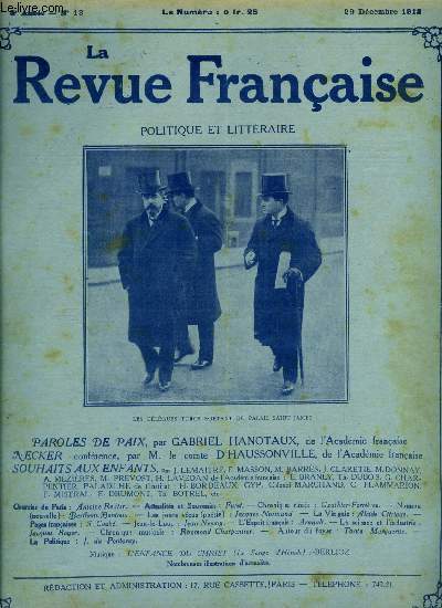 La revue franaise n 13 - Paroles de paix par Gabriel Hanotaux, Necker par le comte d'Haussonville, Souhaits aux enfants, Nounou par Berthem-Bontoux, Les jours vcus par Jacques Normand, Jean le loup par Jean Nesmy