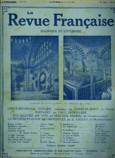 La revue franaise n 26 - Constantinople d'Islam par Charles Diehl, Paysans par Paul Droulde, Nos blesss en 1870 par Maurice Barrs, La reprsentation des minorits par E. Faguet, La salle Ventadour par Gabriel Bernard, Le mois des potes par Pierre