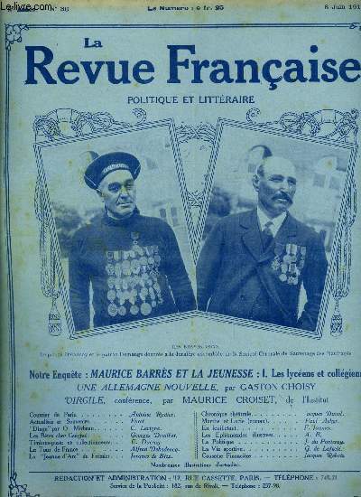 La revue franaise n 36 - Notre enqute : Maurice Barrs et la jeunesse : les lycens et les collgiens, Une Allemagne nouvelle par Gaston Choisy, Virgile par Maurice Croiset, Dingo par O. Mirbeau, par C. Lecigne, Les btes chez Guignol par Georges