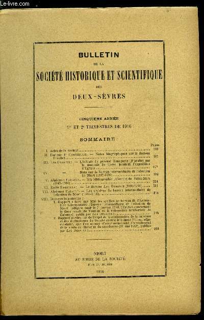 Bulletin de la socit historique et scientifique des deux-svres 1e et 2e trimestres - Notes bibliographiques sur le docteur Prouhet par Docteur P. Corneille, L'initiale du gnral Bonaparte (B arabe) sur la monnaie du Caire pendant l'expdition d'Egypte