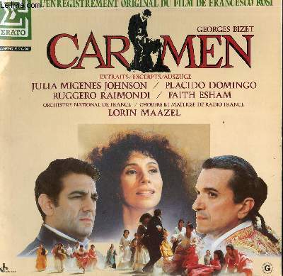 DISQUE VINYLE 33T CARMEN. EXTRAITS. PAR L'ORCHESTRE NATIONAL DE FRANCE SOUS LA DIRECTION DE LORIN MAAZEL. AVEC JULIA MIGENES JOHNSON, PLACIDO DOMINGO, RUGGERO RAIMONDI ET FAITH ESHAM.