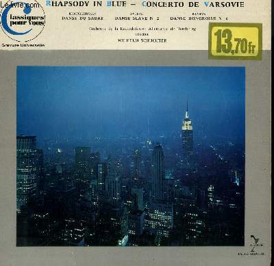 DISQUE VINYLE 33T RHAPSODY IN BLUE / DANSE SLAVE N 2 / CONCERTO DE VARSOVIE / DANSE DU SABRE / DANSE HONGROISE N6 PAR L'ORCHESTRE DE LA RADIODIFFUSION ALLEMANDE DE HAMBOURG SOUS LA DIRECTION DE WILHELM SCHUCHTER.