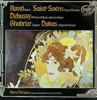 DISQUE VINYLE 33T BOLERO PAR RAVEL, DANSE MACABRE PAR SAINT-SAENS, L'APPRENTI SORCIER PAR DUKAS, ESPANA PAR CHABRIER, PRELUDE A L'APRES-MIDI D'UN FAUNE PAR DEBUSSY.