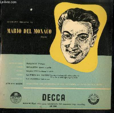 DISQUE VINYLE 33T OPERATIC RECITAL BY... MARIO DEL MONACO