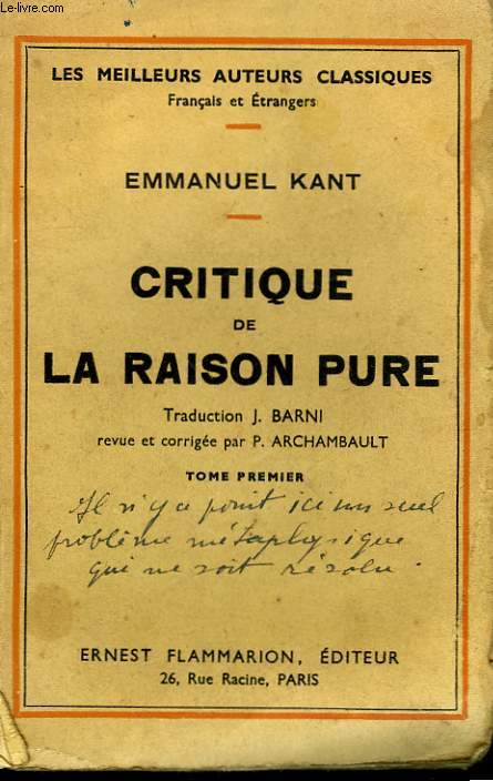 CRITIQUE DE LA RAISON PURE. TOME 1.