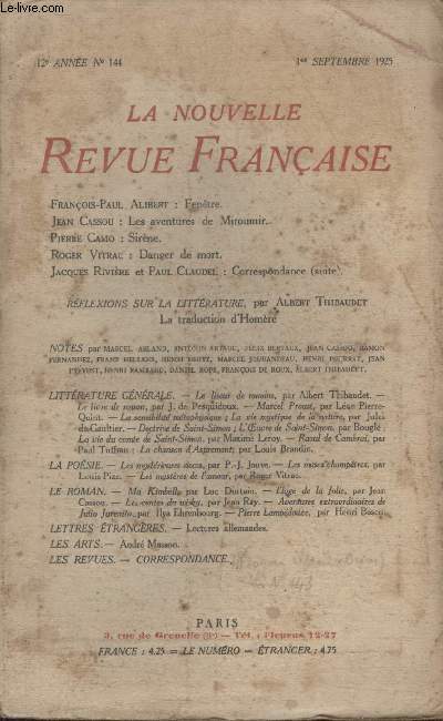 COLLECTION LA NOUVELLE REVUE FRANCAISE N 144. FENETRE PAR FRANCOIS PAUL ALIBERT/ LES AVENTURES DE MIROUMIR PAR JEAN CASSOU/ SIRENE PAR PIERRE CAMO/ DANGER DE MORT PAR ROGER VITRAC/ CORRESPONDANCE PAR JACQUES RIVIERE ET PAUL CLAUDEL.