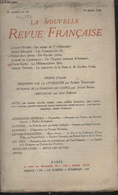 COLLECTION LA NOUVELLE REVUE FRANCAISE N 174. EN MARGE DE LALLEMAND PAR JACQUES RIVIERE/ DU PARADIS PERDU PAR PIERRE JEAN JOUVE/ UN CHAPITRE RETROUVE DARMANCE PAR JACQUES DE LACRETELLE.