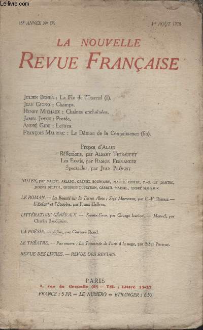 COLLECTION LA NOUVELLE REVUE FRANCAISE N 179. CHAMPS PAR JEAN GIONO/ CHAINES ENCHAINEES PAR HENRY MICHAUX/ PROTEE PAR JAMES JOYCE/ LES ESSAIS PAR RAMON FERNANDEZ.