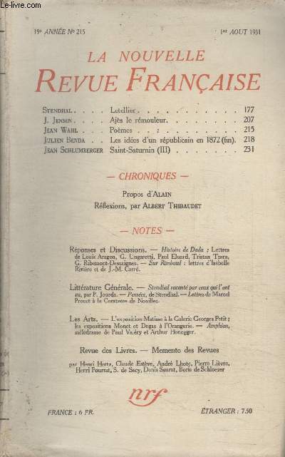 COLLECTION LA NOUVELLE REVUE FRANCAISE N 215. LETELLIER PAR STENDHAL/ AJES LE REMOULEUR PAR J.JENSEN/ POEMES PAR JEAN WAHL/ LES IDEES DUN REPUBLICAIN EN 1872 PAR JULIEN BENDA.