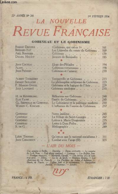 COLLECTION LA NOUVELLE REVUE FRANCAISE N 245. GOBINEAU ET LE GOBINISME.