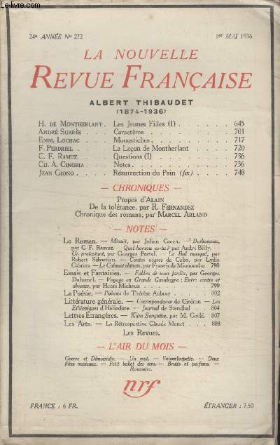 COLLECTION LA NOUVELLE REVUE FRANCAISE N 272. LES JEUNES FILLES H. DE MONTHERLANT/ CARACTERES PAR ANDRE SUARES/ MONOSTICHES PAR EMM.LOCHAC/ LA LECON DE MONTHERLANT PAR F.PERDRIEL/ NOTES PAR CH.A.CINGRIA/ DE LA TOLERANCE PAR R.FERNANDEZ.