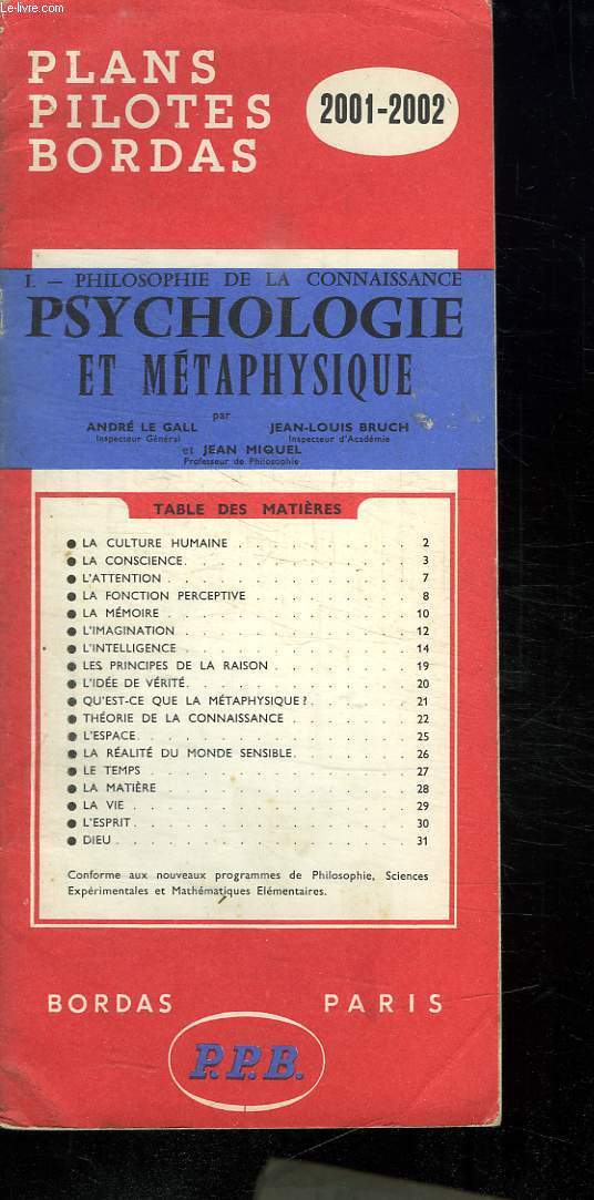 PLANS PILOTES BORDAS 2001 . 2002. PHILOSOPHIE DE LA CONNAISSANCE.