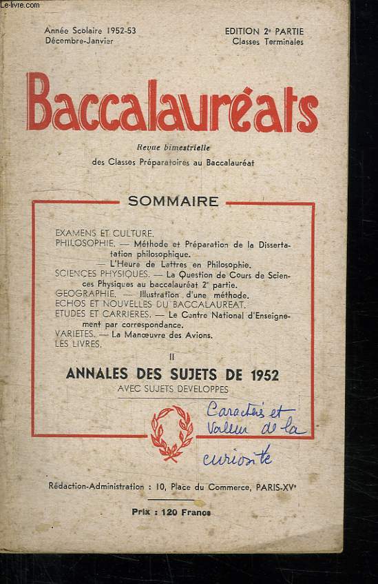 BACCALAUREATS. ANNEE 1952 - 53. OUVRAGE DE TRAVAIL.