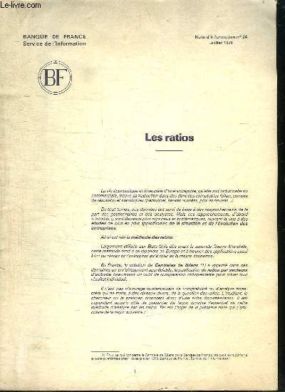 BROCHURE. LES RATIOS. NOTE D INFORMATION N 24. JUILLET 1974.