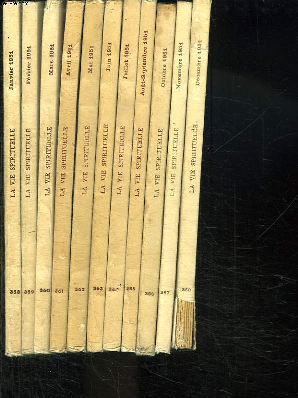 LA VIE SPIRITUELLE ANNEE 1951 COMPLETE. DU N 358 AU N 368. EN 11 VOLUMES. LA MERE ENTRE LES FRERES SEPARES. L AMOUR VIRGINAL.SOUFFRANCE REDEMPTRICE. REGARD SUR LA CROIX. CLAUDEL POETE DE LA CROIX. L EXODE DANS L ANCIEN TESTAMENT. L EXODE DU CHRIST....